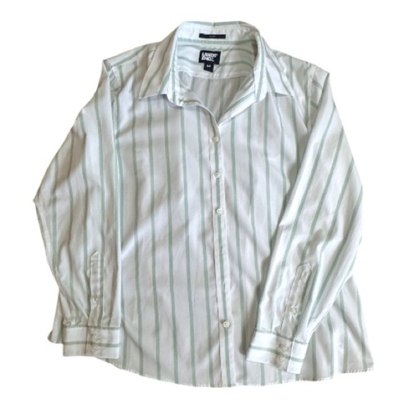 Lands' End Women's No Iron Cotton Long Sleeve White and Green Striped Shirt 14 P - Picture 4 of 9